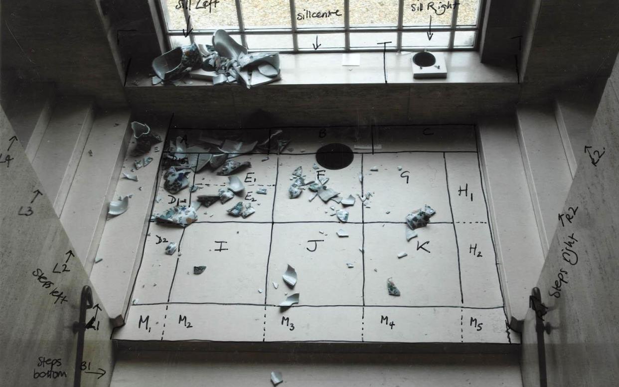 The aftermath of Nick Flynn's fall down some stairs at the Fitzwilliam Museum in Cambridge in 2006 - three antique Chinese vases in pieces