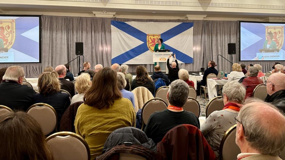 Nova Scotia NDP Leader Claudia Chender speaks to a crowd of supporters at the party's biannual policy convention meeting in Halifax on May 4, 2024.