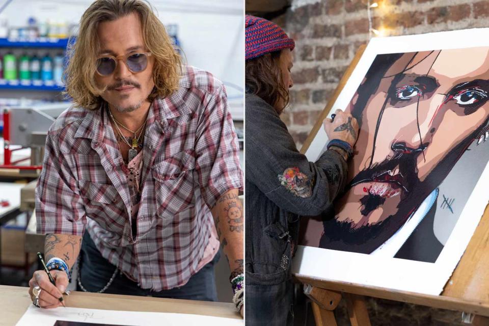 <p>Image Courtesy of Castle Fine Art | Elliot-Nyman</p> Johnny Depp poses with his self-portrait 