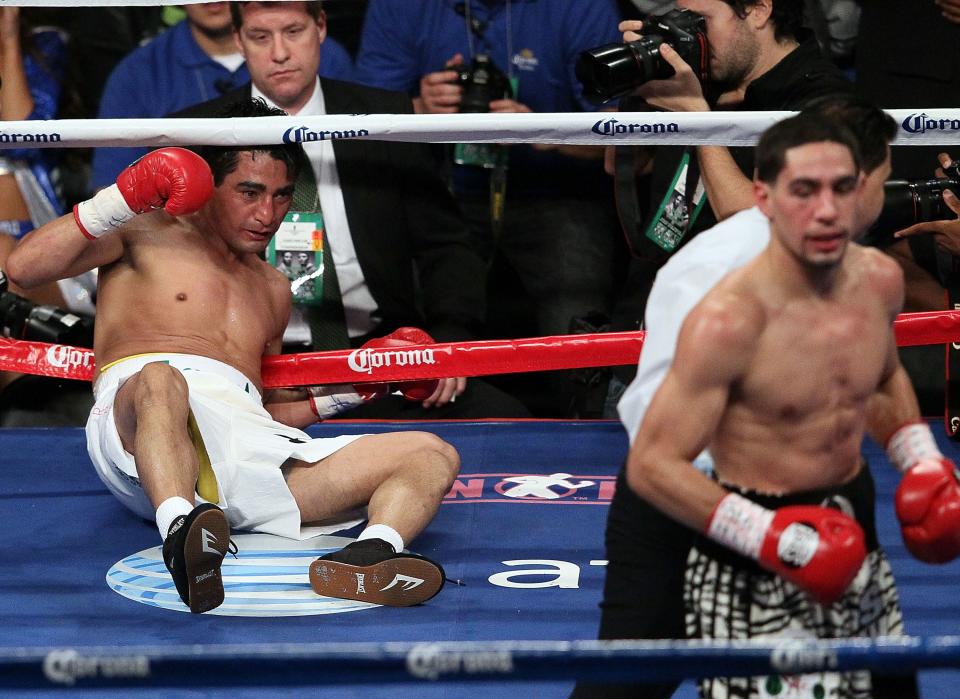NEW YORK, NY - OCTOBER 20: Erik Morales is knocked out by Danny Garcia in the fourth round of their WBA Super, WBC & Ring Magazine Super Lightweight title fight at the Barclays Center on October 20, 2012 in the Brooklyn borough of New York City. (Photo by Alex Trautwig/Getty Images)