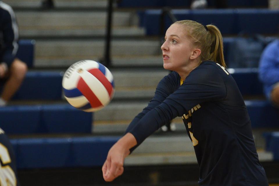 Jefferson's Maggie Gesek, #5, receives the ball as she and her teammates play against Mendham in the first set during their match on Sept.28, 2021, in Jefferson. Mendham defeats Jefferson in two sets (25-15, 25-22).