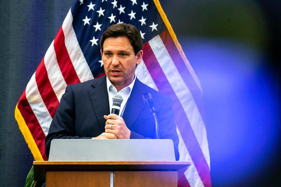 Florida Gov. Ron DeSantis speaks during an Iowa GOP reception, Saturday, May 13, 2023, at The Hotel at Kirkwood Center in Cedar Rapids, Iowa.