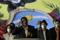 Andres Arauz, presidential candidate of the Alianza Union por la Esperanza, UNES, speaks from his campaign headquarters in Quito, Ecuador, Sunday, April 11, 20201. With most of the votes counted Guillermo Lasso, candidate of Creating Opportunities party, CREO, a former banker, had a lead over Arauz, a protege of former President Rafael Correa. (AP Photo/Angel Dejesus)