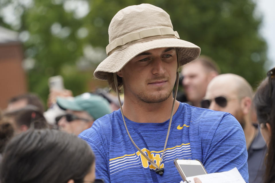 Pittsburgh Steelers quarterback Kenny Pickett speaks with reporters during his arrival for NFL football training camp in Latrobe, Pa., Tuesday, July 26, 2022. (AP Photo/Keith Srakocic)