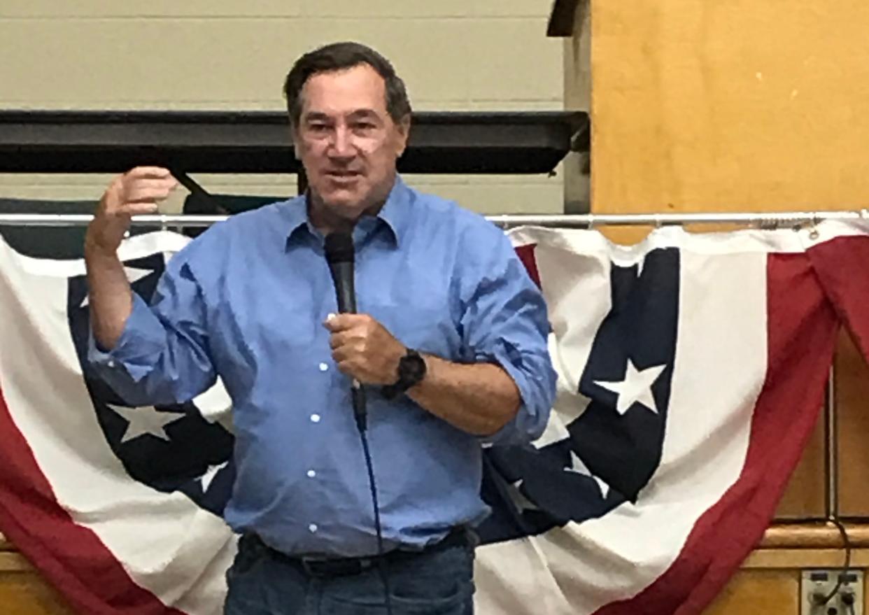 Former Indiana Sen. Joe Donnelly argues for President Joe Biden's American Jobs Plan on July 15, 2021. Donnelly, who has served  as U.S. ambassador to the Holy See since 2022, will leave his post next month.