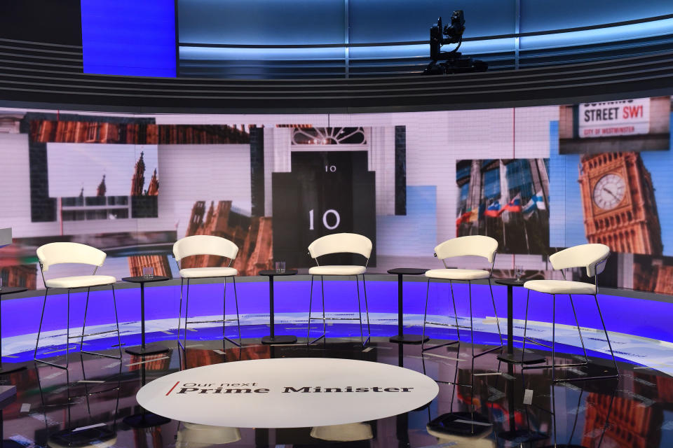 The BBC shared a picture of the London studio where the debate featuring the contestants for the leadership of the Conservative Party will take place later today. (PA Images)