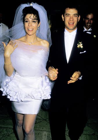 <p>Ron Galella/Ron Galella Collection/Getty</p> Rita Wilson and Tom Hanks on their wedding day in 1988