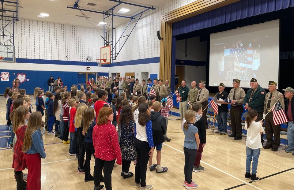 Students from five second-grade classes at Windber Elementary School sing patriotic songs to the local veterans who attended Thursday's breakfast in honor of Veterans Day.