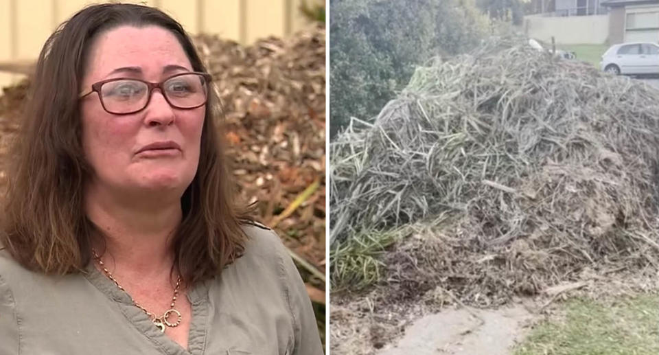 A photo of an upset woman living in Werrington County, Sydney, who doesn't know what to do after a tree looper dumped a truck-load of mulch on her driveway without her consent. Another photo of the mulch left in her driveway.