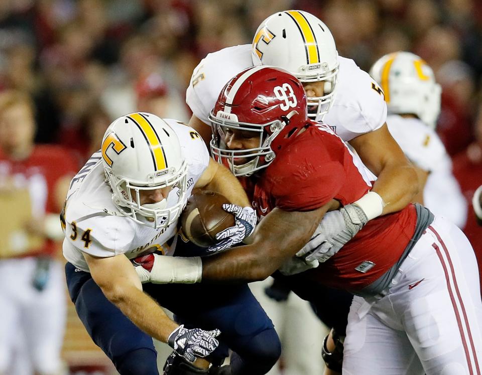 Alabama's Jonathan Allen, No. 93, might be the best 2017 NFL draft prospect on the field in either CFB playoff semifinal game. (Getty Images)