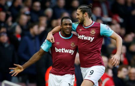 Football Soccer - West Ham United v Liverpool - Barclays Premier League - Upton Park - 2/1/16 Michail Antonio celebrates with Andy Carroll after scoring the first goal for West Ham Action Images via Reuters / John Sibley Livepic