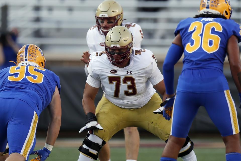 Boston College offensive lineman Christian Mahogany (73) plays against Pittsburgh during the first half of an NCAA college football game, Saturday, Oct. 10, 2020, in Boston. (AP Photo/Michael Dwyer)