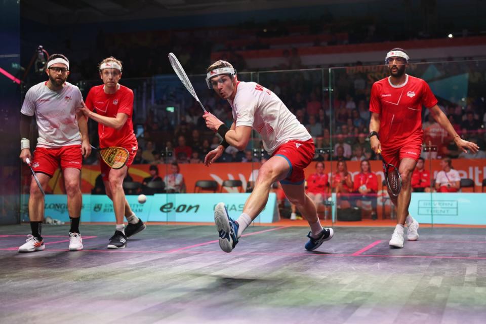 8 August 2022: James Willstrop and Declan James of Team England compete with Adrian Waller and Daryl Selby of Team England during the squash men’s doubles gold medal match on the last day of the Commonwealth Games (Getty)