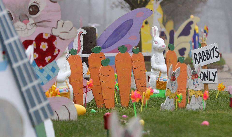 Residents of East Milton Street in Alliance decorate the islands in the middle of the street each Easter and welcome walkers and drivers who enjoy the sights. This year's display was held on a cold, rainy Sunday, March 31, 2024.