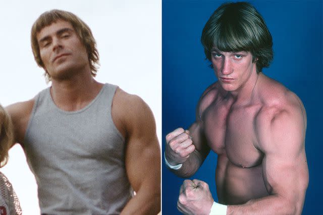 <p>Courtesy Pro Wrestling Illustrated; A24</p> (Left to right:) Zac Efron in "The Iron Claw," Kevin Von Erich