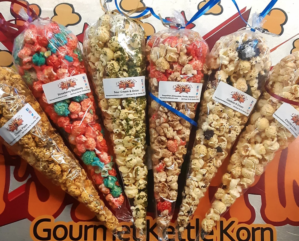 <p><strong>Kettle Korn Kones, 10-pack</strong></p><p>itspoppingourmetkettlekorn.com</p><p><strong>$25.00</strong></p><p><a href="https://www.itspoppingourmetkettlekorn.com/product-page/kettle-korn-kones-1" rel="nofollow noopener" target="_blank" data-ylk="slk:Shop Now;elm:context_link;itc:0;sec:content-canvas" class="link ">Shop Now</a></p><p>As Charlotte, NC, transplant, I would be remiss not to mention at least one Charlotte-based black-owned business. <a href="https://www.itspoppingourmetkettlekorn.com/" rel="nofollow noopener" target="_blank" data-ylk="slk:It's Poppin' Gourmet Kettle Korn;elm:context_link;itc:0;sec:content-canvas" class="link ">It's Poppin' Gourmet Kettle Korn</a> operates in the popular 7th Street Market in Uptown, selling popcorn with flavors you don't hear every day: hot wings, toffee, jelly donuts, and their signature <a href="https://www.itspoppingourmetkettlekorn.com/product-page/fried-chicken-kettle-korn" rel="nofollow noopener" target="_blank" data-ylk="slk:fried chicken kettle korn;elm:context_link;itc:0;sec:content-canvas" class="link ">fried chicken kettle korn</a>. <a href="https://www.itspoppingourmetkettlekorn.com/shop" rel="nofollow noopener" target="_blank" data-ylk="slk:Order online;elm:context_link;itc:0;sec:content-canvas" class="link ">Order online</a> and select from a range of sizes, in case you don't want to commit to a full tub of hot wing popcorn on the first try.</p>