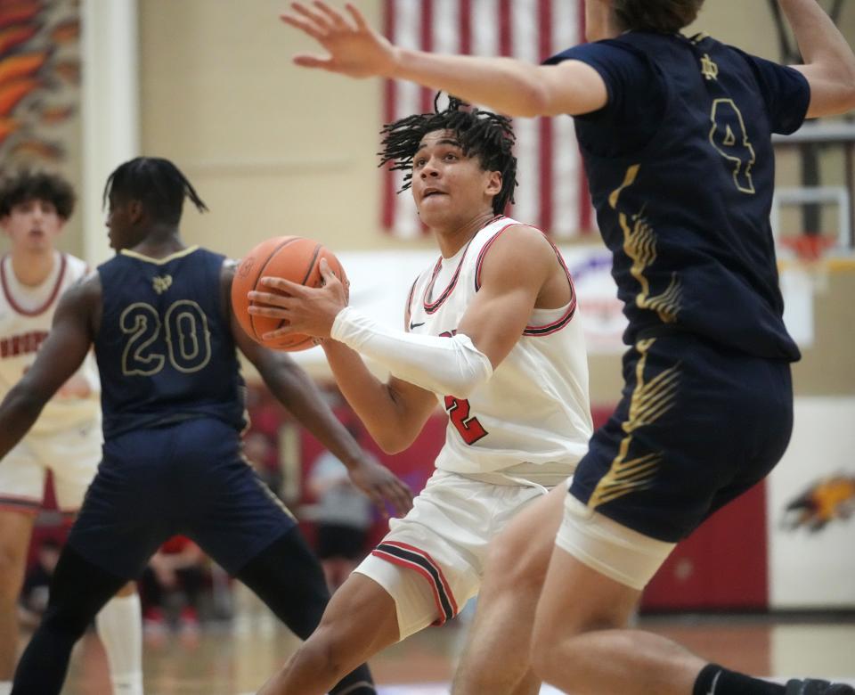 Dec 8, 2022; Scottsdale, Arizona, USA; Brophy Prep's 	
Braeden Speed (2) drives into the lane against Notre Dame at Chaparral High School.
