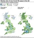 Weekly rate of new Covid-19 cases in the UK