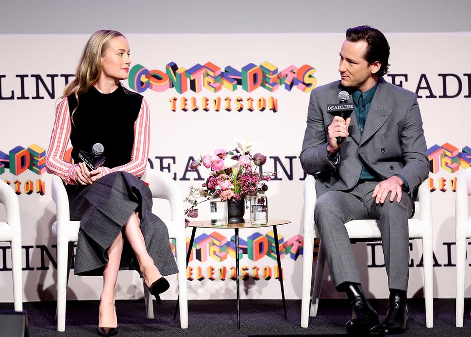 Brie Larson and Lewis Pullman speak on a panel for Lessons in Chemistry at Deadline Contenders Television 2024 held at the Directors Guild of America on April 14, 2024 in Los Angeles, Calfornia. 