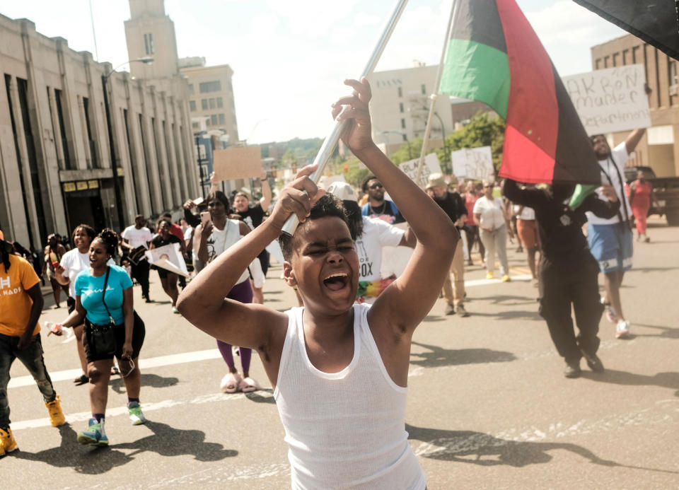 Demonstrators gather outside Akron City Hall to protest the police killing (Matthew Hatcher / AFP via Getty Images file)