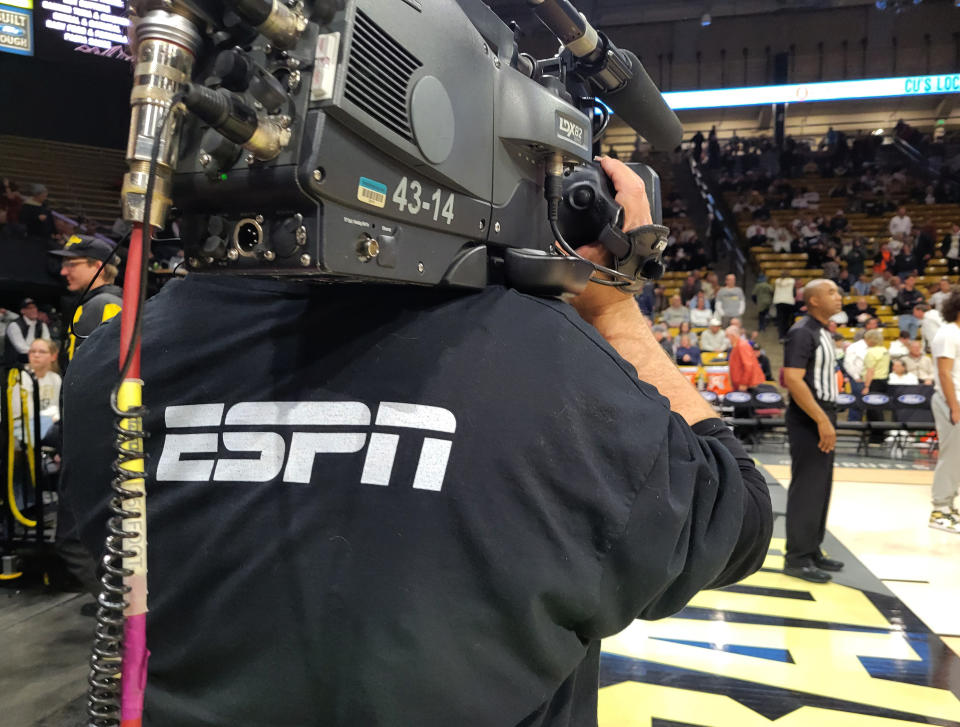 Feb 23, 2023; Boulder, Colorado, USA; General view of a ESPN baseline broadcast cameraman during the game between the USC Trojans against the Colorado Buffaloes at the CU Events Center. Mandatory Credit: Ron Chenoy-USA TODAY Sports