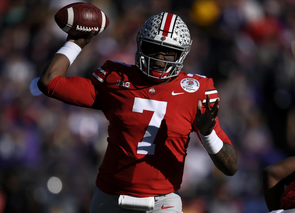 Jan. 1, 2019; Pasadena, California; Ohio State Buckeyes quarterback Dwayne Haskins (7) makes a pass in the first quarter against the Washington Huskies in the 2019 Rose Bowl at Rose Bowl Stadium. Kelvin Kuo-USA TODAY Sports