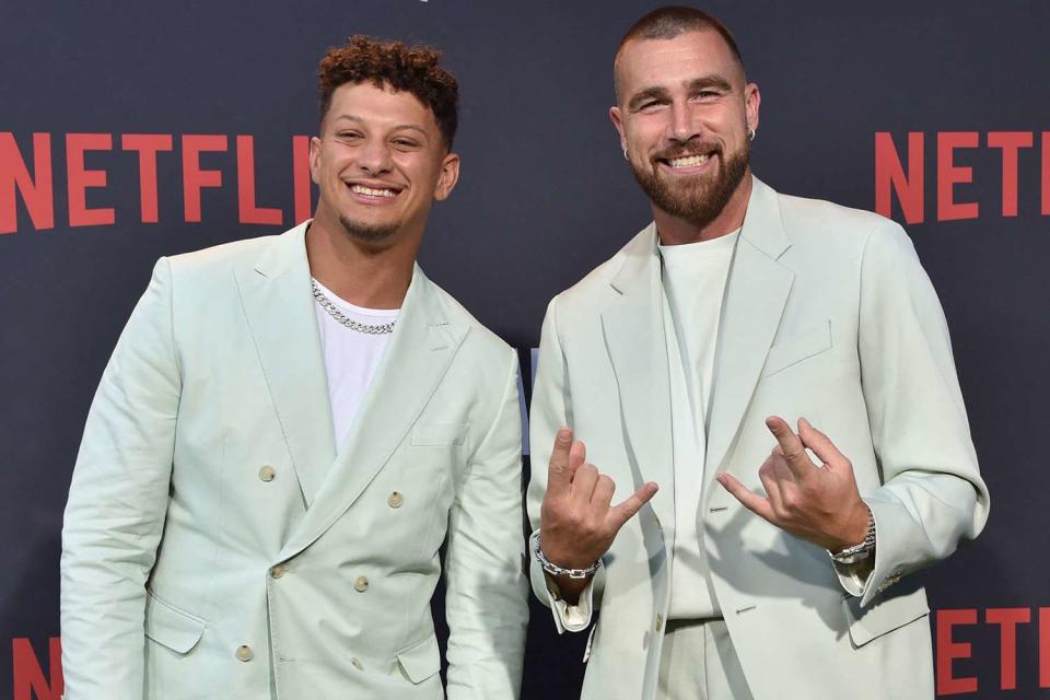 <p>CHRIS DELMAS/AFP via Getty</p> Patrick Mahomes (left) and Travis Kelce photographed in Hollywood on July 11, 2023