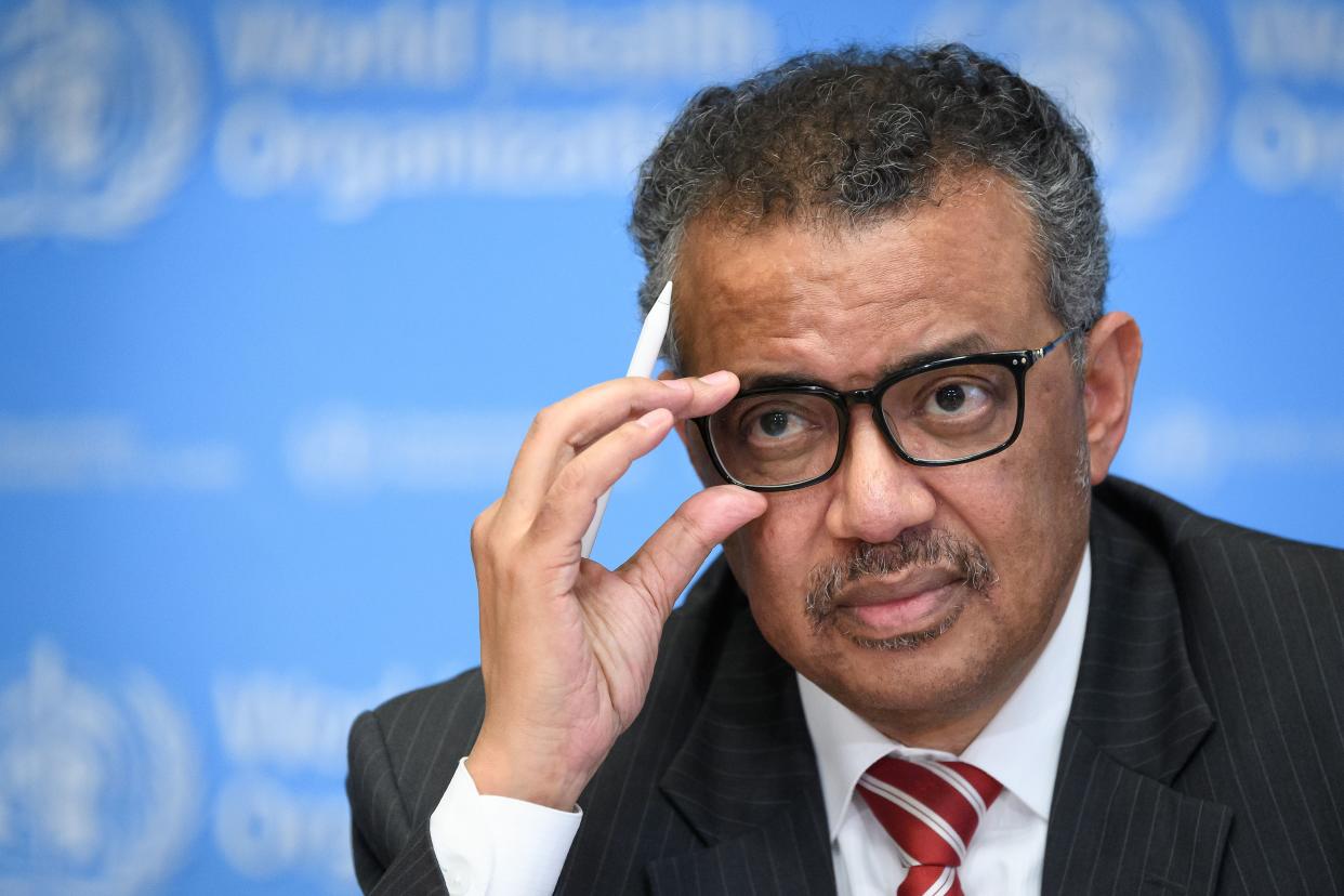 A photo taken on March 11, 2020 shows World Health Organization (WHO) Director-General Tedros Adhanom Ghebreyesus attending a press briefing on COVID-19 at the WHO headquarters in Geneva. (Photo by FABRICE COFFRINI / AFP) (Photo by FABRICE COFFRINI/AFP via Getty Images)