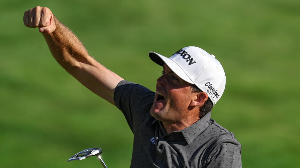 Keegan Bradley pumps his fist after winning the Travelers Championship at TPC River Highlands