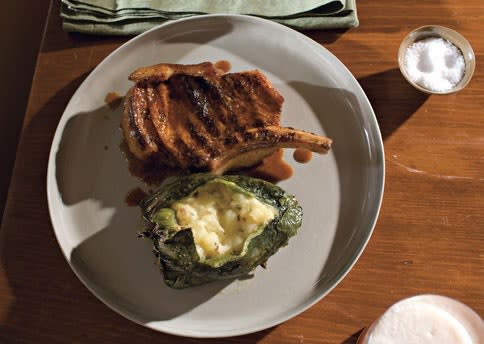 Pork Chops with Chiles Rellenos and Ancho Sauce