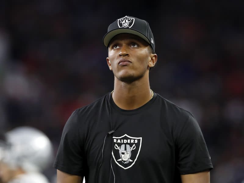 DeShone Kizer #14 of the Oakland Raiders reacts on the sideline of the Houston Texans at NRG Stadium on October 27, 2019. (Photo by Tim Warner/Getty Images)