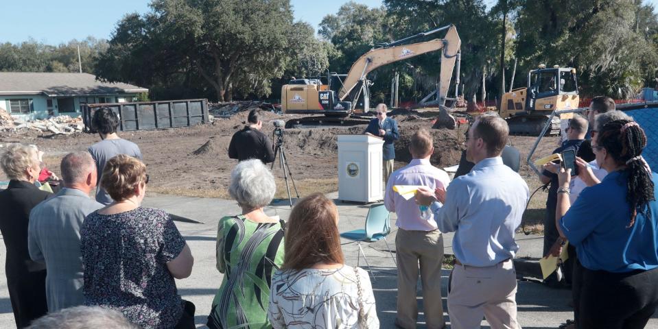 Sen. Tom Wright, R-New Smyrna Beach, speaks to the crowd, Friday during the groundbreaking ceremony for New Smyrna Beach Housing Authority's affordable senior housing project Greenlawn Manor. “This is a great step in addressing the critical problem of affordable housing, which is being faced not only here in Volusia County but throughout our entire state,” Wright said.