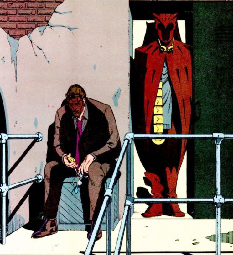 Dan Dreiberg sitting beside Nite Owl, a frame from the graphic novel <em>Watchmen</em>, as drawn by co-creator Dave Gibbons. (Photo: Warner Bros.)