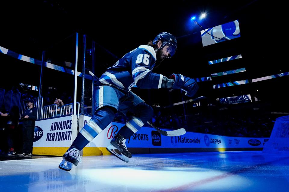 Columbus Blue Jackets right wing Kirill Marchenko (86) takes the ice prior to the NHL hockey game against the Florida Panthers at Nationwide Arena on April 1, 2023.