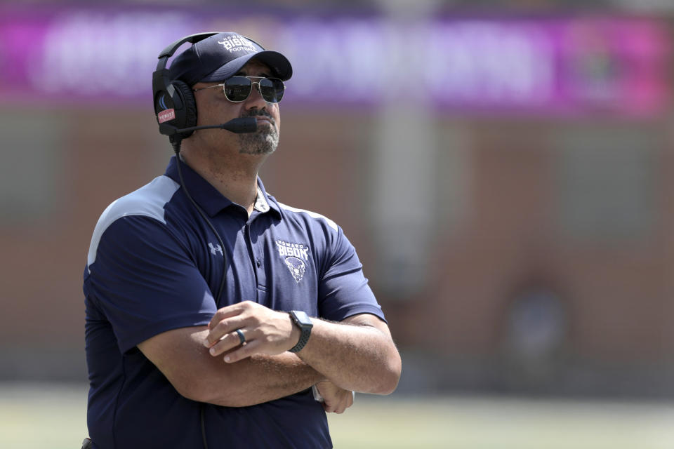 Howard head coach Ron Prince looks on during the first half of an NCAA college football game against Maryland, Saturday, Aug. 31, 2019, in College Park, Md. (AP Photo/Julio Cortez)