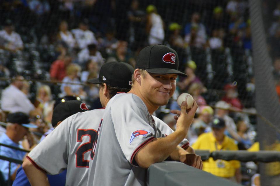 Grant Wolfram reacts during a game for the Hickory Crawdads last season.