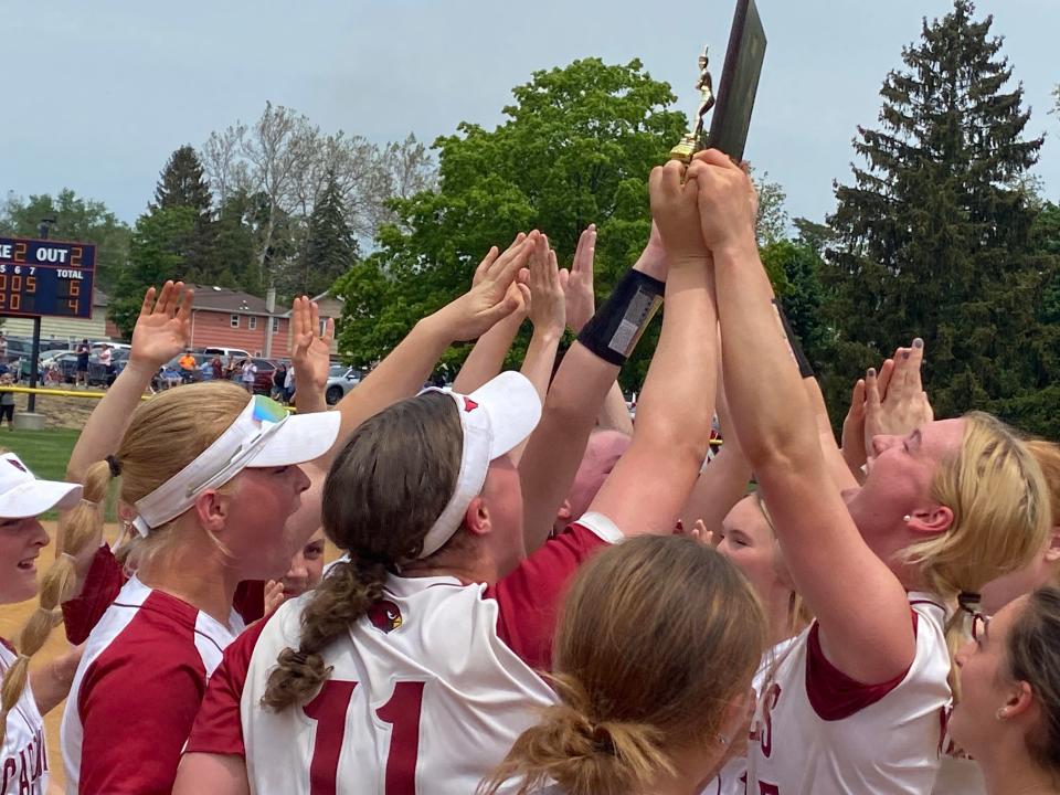 Pompton Lakes celebrates with the title after winning the 2023 Passaic County softball title.