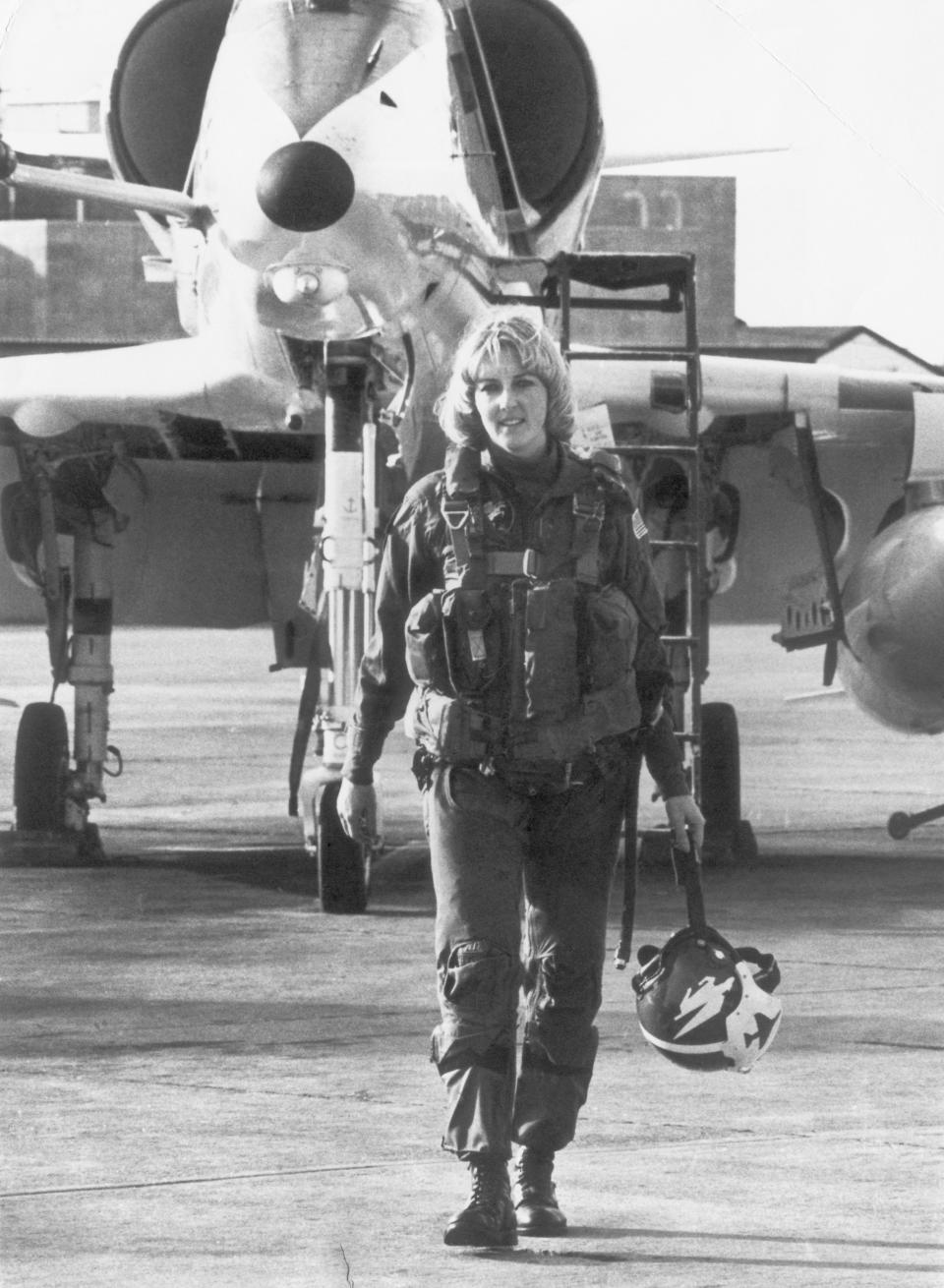 Lt. (J.G.) Mary Louise Jorgensen was the first woman tactical jet pilot to be assigned to Miramar Naval Air Station at San Diego on Feb. 7, 1977.
