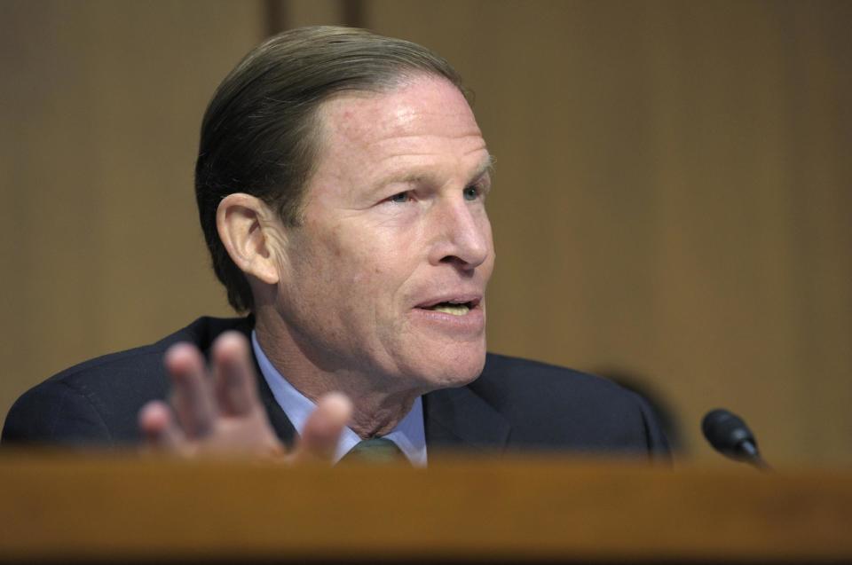FILE - This Feb. 27, 2013 file photo shows Sen. Richard Blumenthal, D-Conn. on Capitol Hill in Washington. Senators say they’re frustrated with the government’s slow pace at writing new rail safety regulations in light of recent fiery freight train accidents and a deadly commuter train derailment. Blumenthal warned witnesses at a Senate hearing Thursday, “one of the things we're going to do here is impose accountability". (AP Photo/Susan Walsh, File)