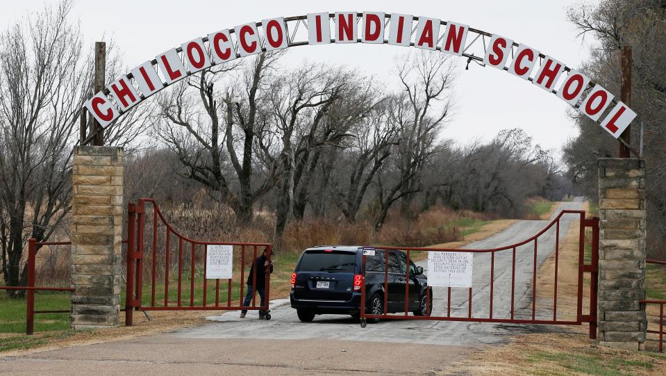 A vehicle arrives at the abandoned Chilocco Indian School campus in Newkirk, Okla., Wednesday, Nov. 29, 2017.