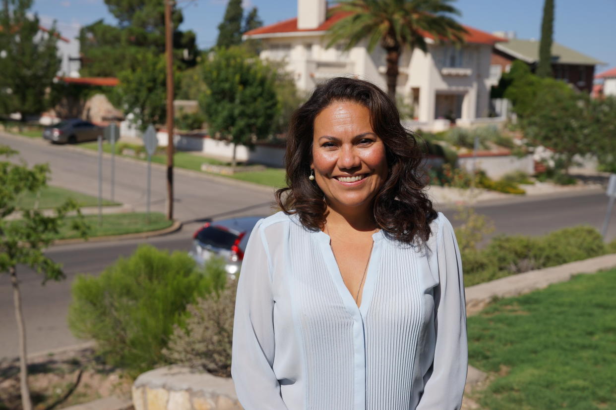 Veronica Escobar, 47, stands in her front yard in El Paso, Texas. She is hoping to be the first Latina Texas has ever elected to Congress.&nbsp; (Photo: Laura Bassett)