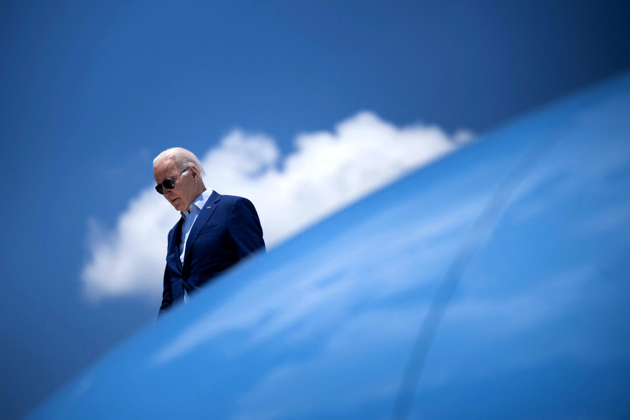 Image: President Joe Biden disembarks Air Force One in Rhode Island on July 20, 2022. (Brendan Smialowski / AFP via Getty Images file)