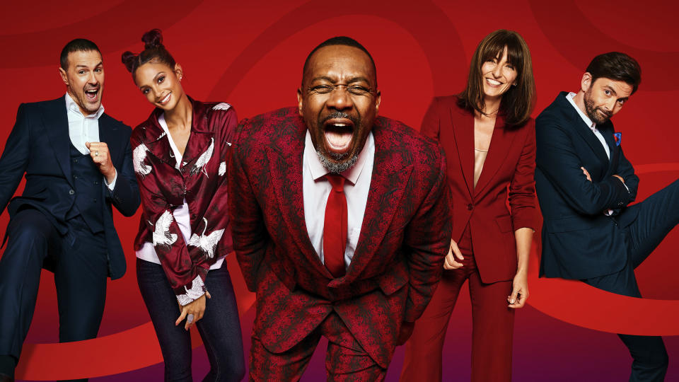 The Comic Relief 2021 Night of TV hosts. Paddy McGuinness, Alesha Dixon, Sir Lenny Henry, Davina McCall, David Tennant. (BBC/Comic Relief/Claire Harrison/Nicky Johnston)