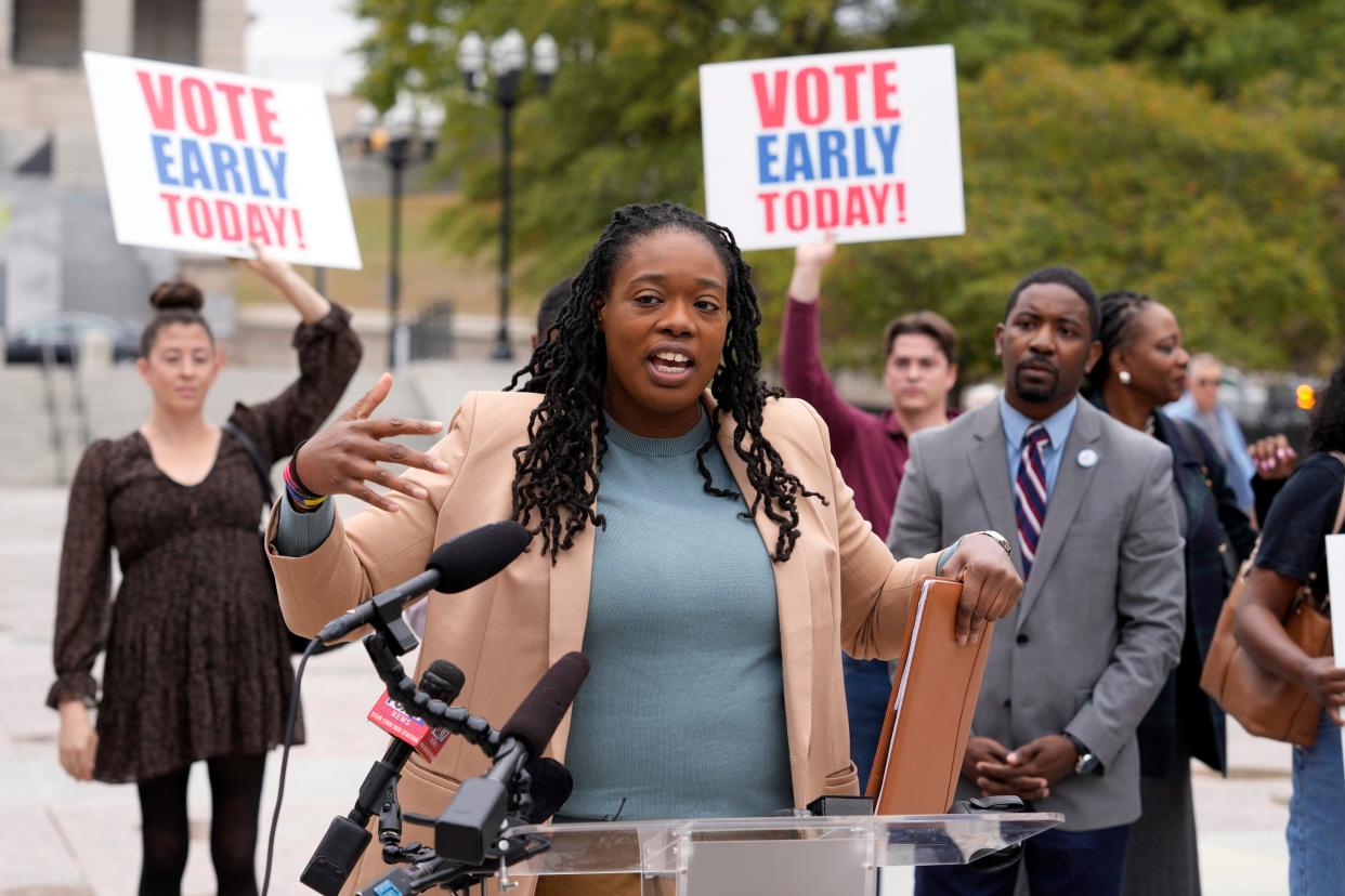 Democratic Congressional candidate Odessa Kelly speaks Nov. 2, 2022, in Nashville, Tenn., after election officials confirmed erroneous votes had been cast in the wrong races in Nashville since early voting began. Nashville election officials made erroneous updates to voter lists for November's election and failed to follow steps to make sure they were accurate, leading more than 430 Tennessee voters to cast ballots in the wrong races, the state's elections coordinator determined in a review released Friday, Dec. 30, 2022. Republican U.S. Rep. Mark Green defeated Democratic activist Kelly in a district that also now includes parts of Nashville. (AP Photo/Mark Humphrey, File)