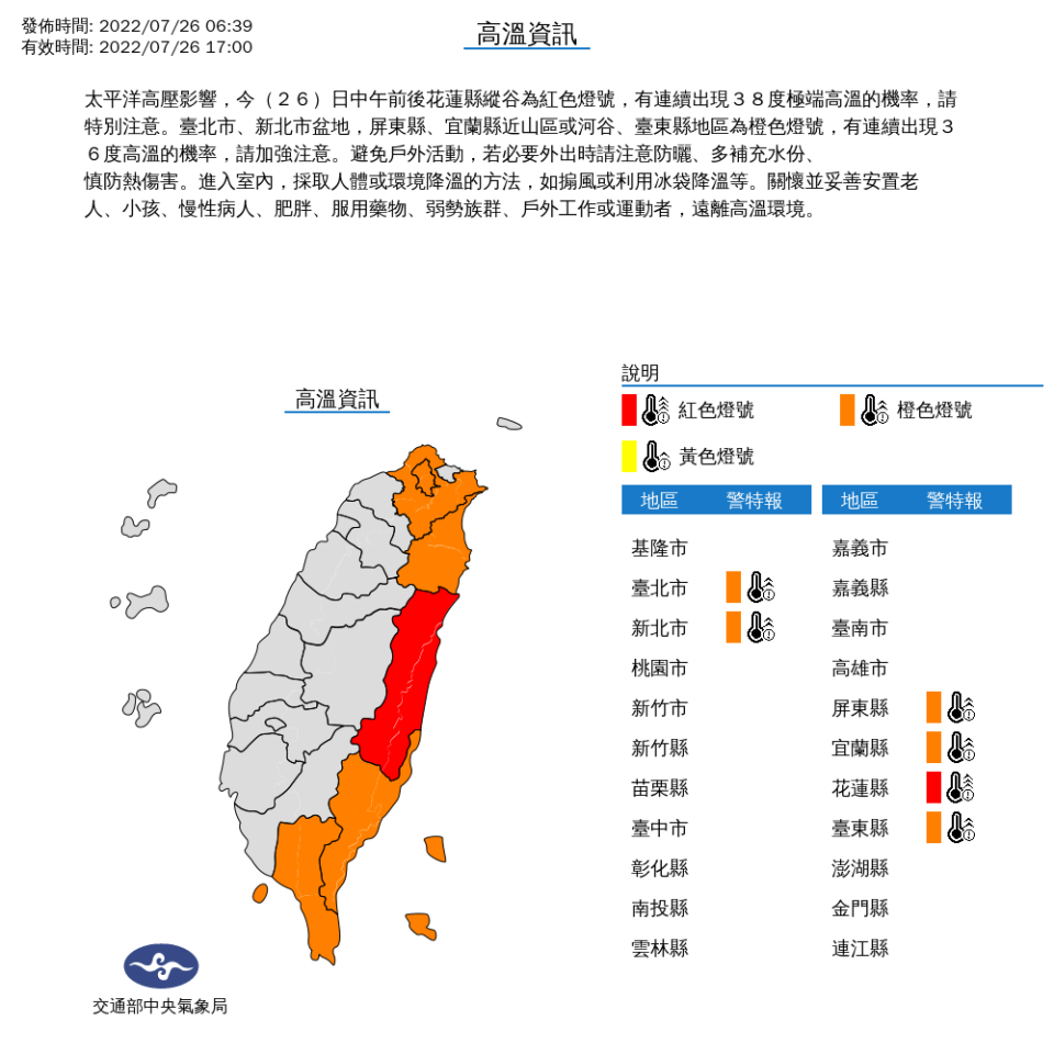 中央氣象局針對6縣市發布高溫特報。（圖片來源：中央氣象局）