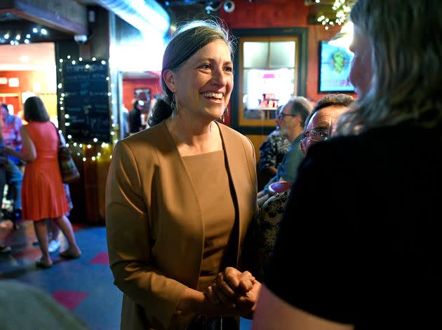 Monica Tranel talks with a supporter during an election watch event in Missoula, Montana, on Tuesday. Tranel defeated Cora Neumann and state Rep. Tom Winter in Tuesday’s primary. (Photo: Tom Bauer/The Missoulian via AP)