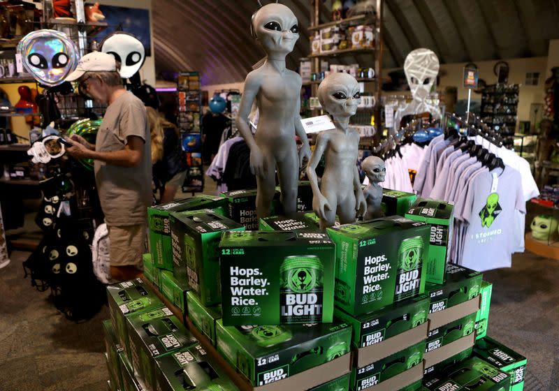 FILE PHOTO: Boxes of alien themed beer are placed at the Alien Research Center in Hiko, as an influx of tourists responding to a call to 'storm' Area 51 is expected in Rachel, Nevada