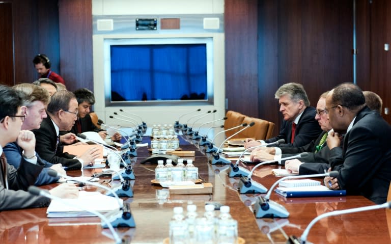 In this January 6, 2016 UN photo, UN Secretary-General Ban Ki-moon (3rd-L) holds an emergency meeting with senior advisors to discuss the latest developments in North Korea