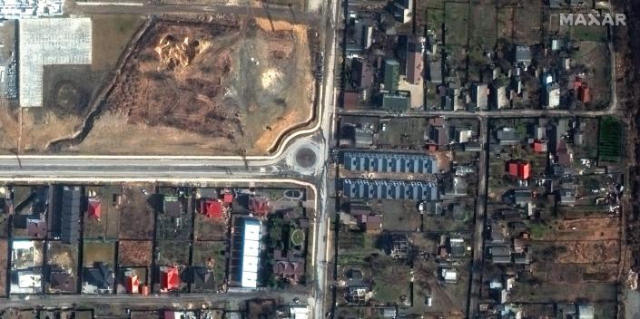 Satellite imagery of a section of Yoblanska Street in Bucha where dead bodies were found.