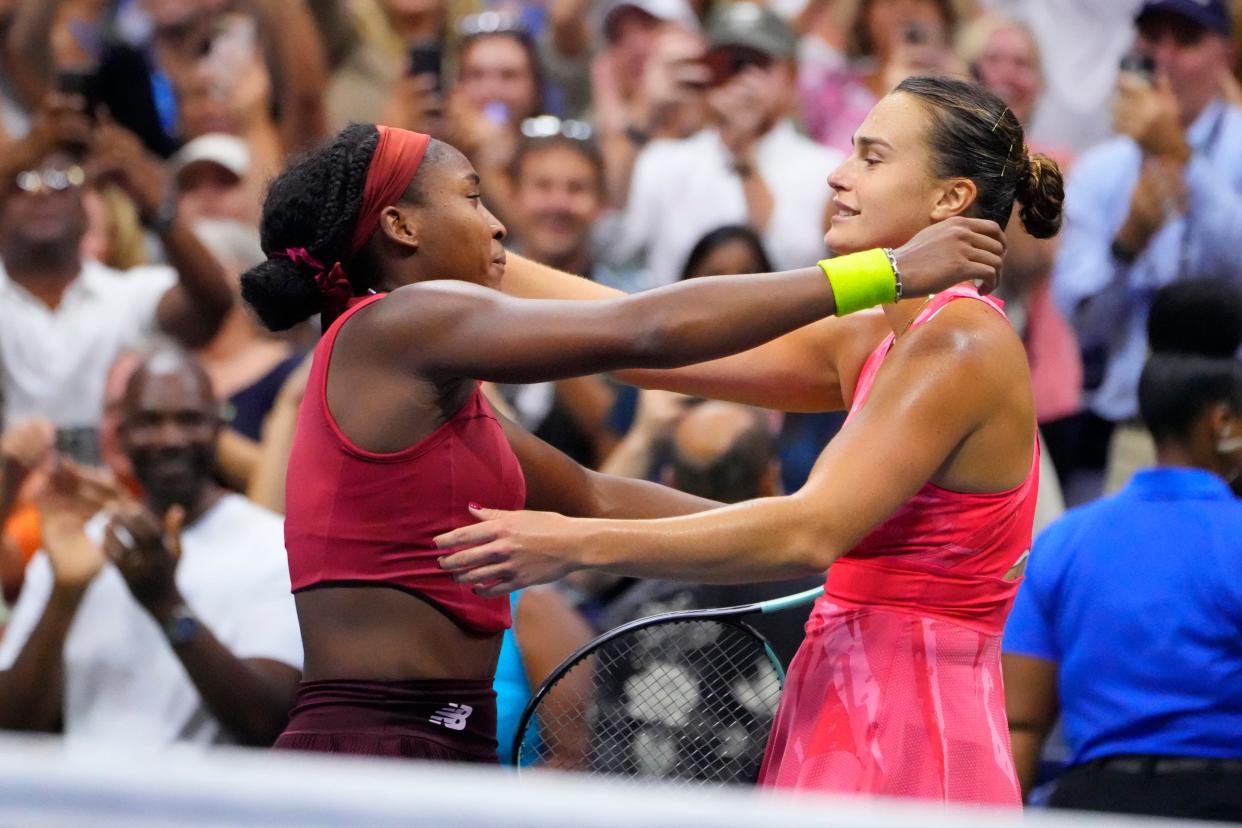 Sep 9, 2023; Flushing, NY, USA; Coco Gauff of the United States (left) greets Aryna Sabalenka after the women's singles final on day thirteen of the 2023 U.S. Open tennis tournament at USTA Billie Jean King Tennis Center. Mandatory Credit: Robert Deutsch-USA TODAY Sports